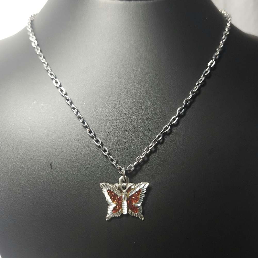 Silver Red Enamel Butterfly Pendant Necklace